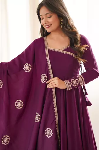 Elegant wine purple flared anarkali suit set with embroidered dupatta