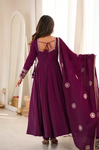 Elegant wine purple flared anarkali suit set with embroidered dupatta