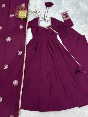 Elegant wine purple flared anarkali suit set with embroidered dupatta 5