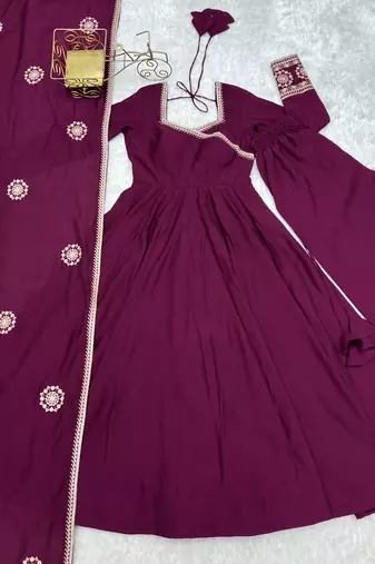 Elegant wine purple flared anarkali suit set with embroidered dupatta