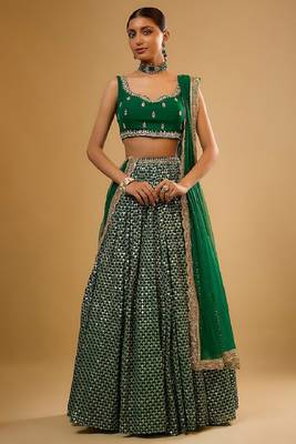 Green Viscose Georgette, Net Sequins With Zari Embroidery,Mirror Work Lehenga Set For Women's 1