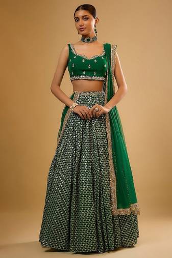 Green Viscose Georgette, Net Sequins With Zari Embroidery,Mirror Work Lehenga Set For Women's