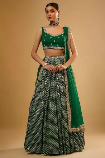Green Viscose Georgette, Net Sequins With Zari Embroidery,Mirror Work Lehenga Set For Women's