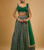 Green Viscose Georgette, Net Sequins With Zari Embroidery,Mirror Work Lehenga Set For Women's