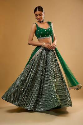Green Viscose Georgette, Net Sequins With Zari Embroidery,Mirror Work Lehenga Set For Women's 2