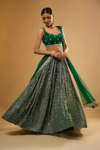 Green Viscose Georgette, Net Sequins With Zari Embroidery,Mirror Work Lehenga Set For Women's