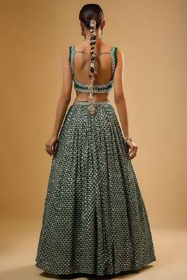 Green Viscose Georgette, Net Sequins With Zari Embroidery,Mirror Work Lehenga Set For Women's 3