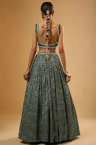 Green Viscose Georgette, Net Sequins With Zari Embroidery,Mirror Work Lehenga Set For Women's