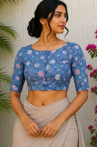 Blue cotton printed readymade blouse