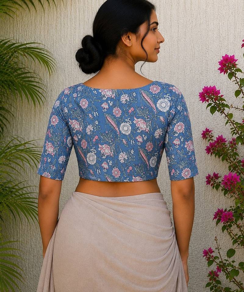 Blue cotton printed readymade blouse