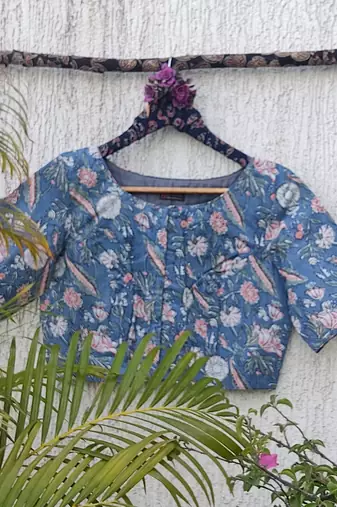 Blue cotton printed readymade blouse