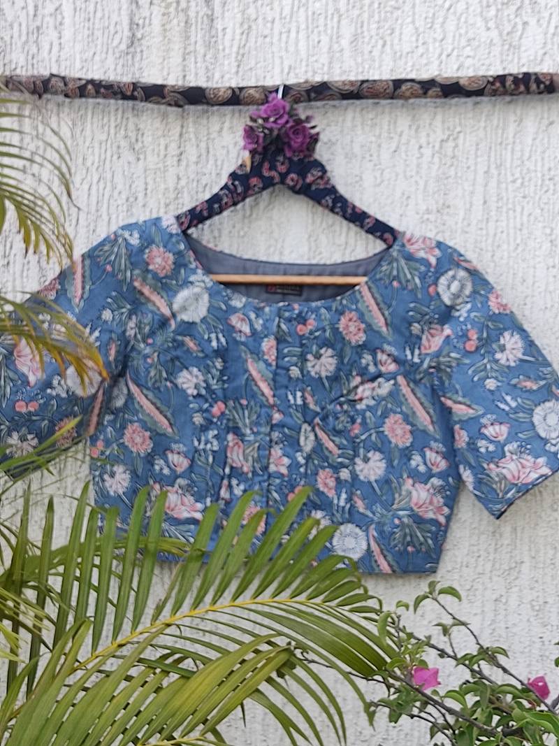 Blue cotton printed readymade blouse