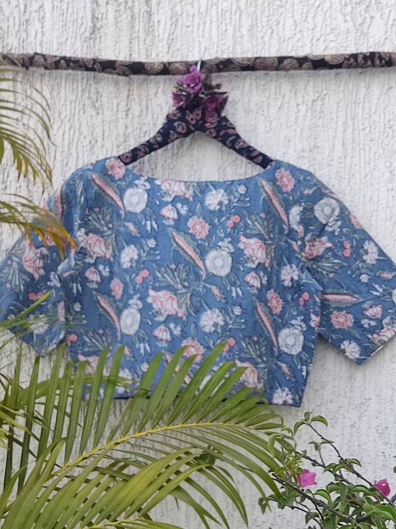 Blue cotton printed readymade blouse