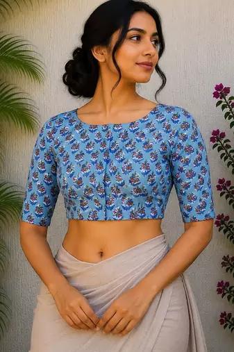Blue cotton printed readymade blouse