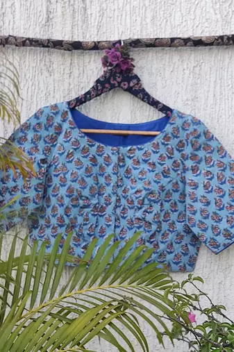Blue cotton printed readymade blouse