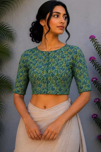 Green cotton printed readymade blouse