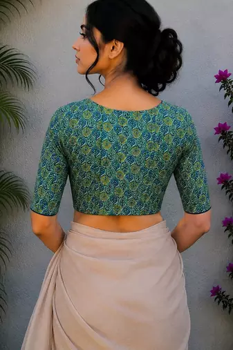 Green cotton printed readymade blouse