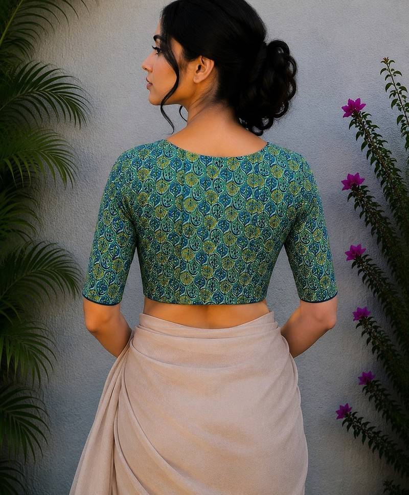 Green cotton printed readymade blouse
