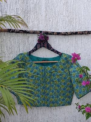 Green cotton printed readymade blouse 3