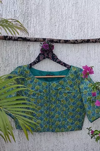 Green cotton printed readymade blouse
