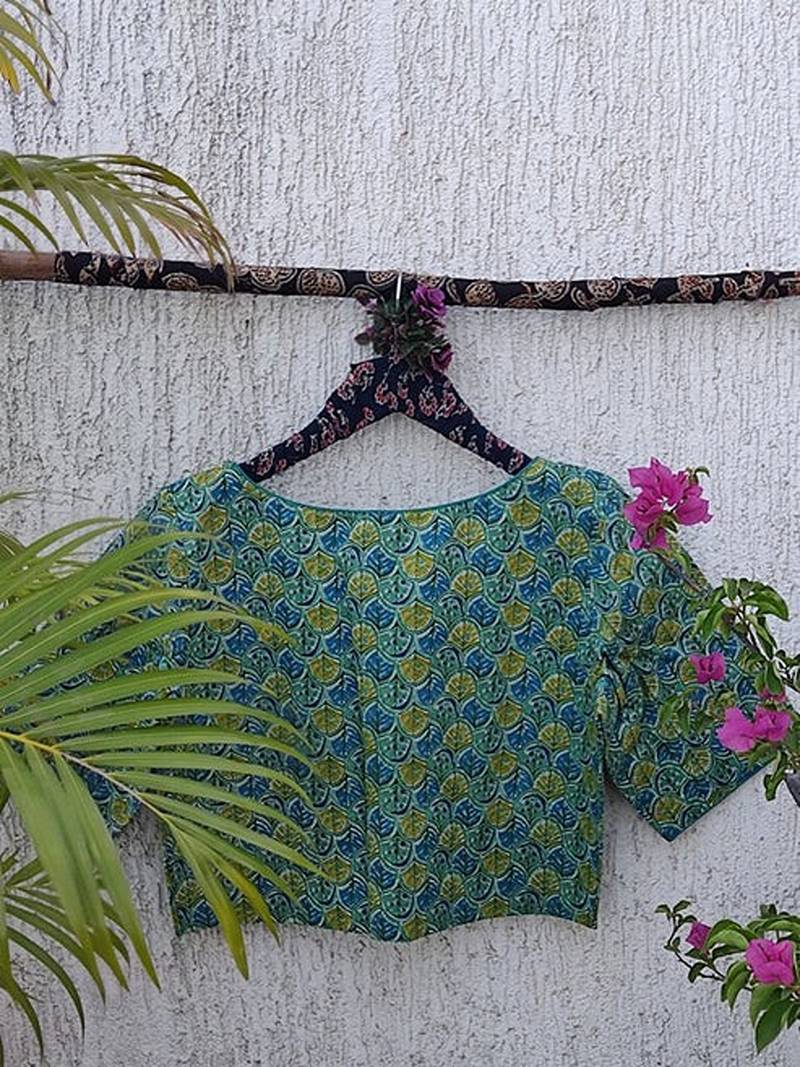 Green cotton printed readymade blouse