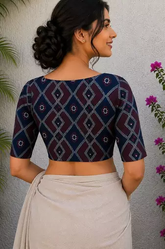 Navy blue cotton printed readymade blouse