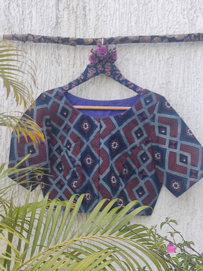 Navy blue cotton printed readymade blouse