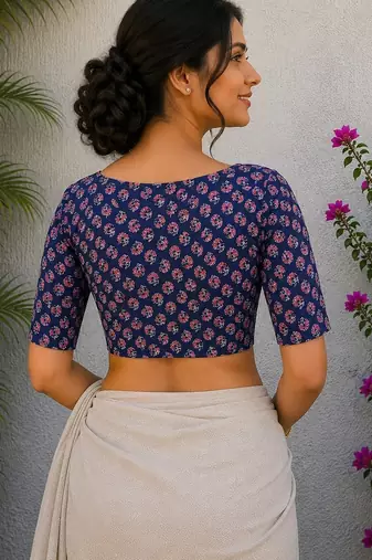 Navy blue cotton printed readymade blouse