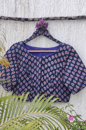 Navy blue cotton printed readymade blouse