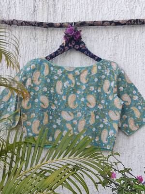 Sky blue cotton printed readymade blouse 4