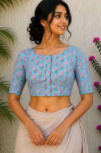 Sky blue cotton printed readymade blouse