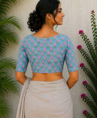 Sky blue cotton printed readymade blouse 2