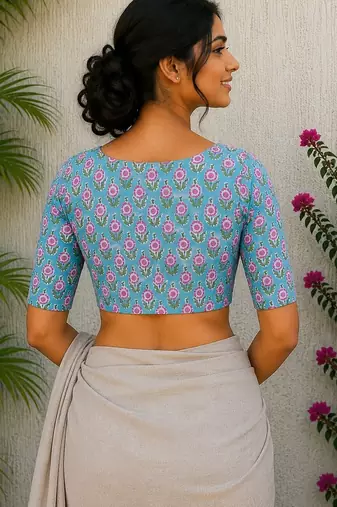 Sky blue cotton printed readymade blouse