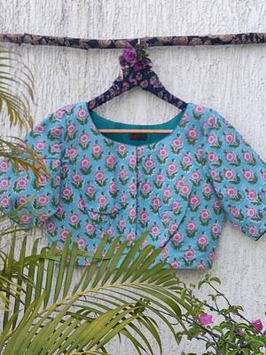 Sky blue cotton printed readymade blouse 3