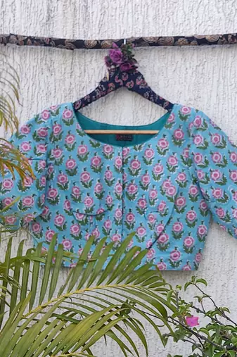Sky blue cotton printed readymade blouse