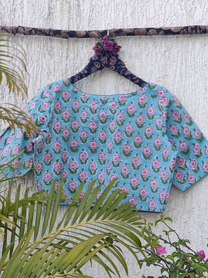 Sky blue cotton printed readymade blouse 4