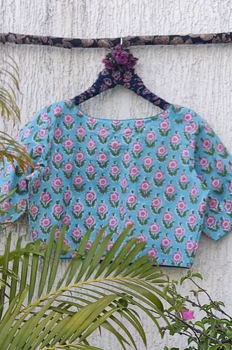 Sky blue cotton printed readymade blouse
