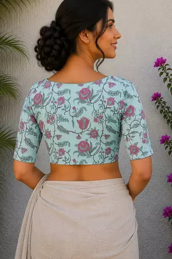 Sky blue cotton printed readymade blouse