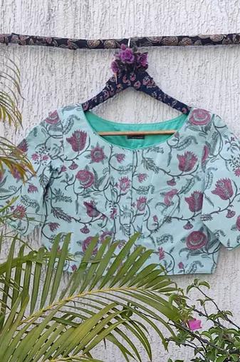 Sky blue cotton printed readymade blouse