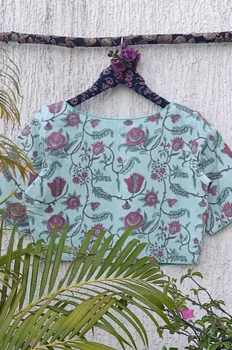 Sky blue cotton printed readymade blouse