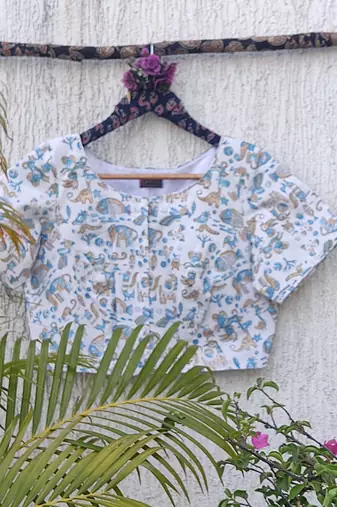 Sky blue cotton printed readymade blouse