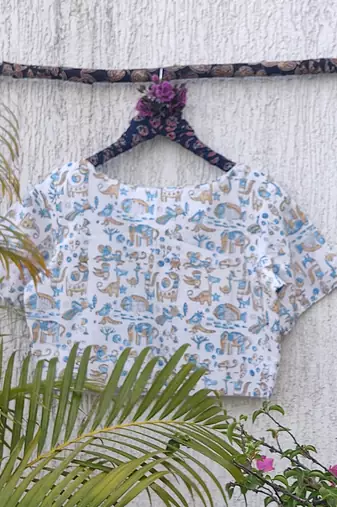 Sky blue cotton printed readymade blouse