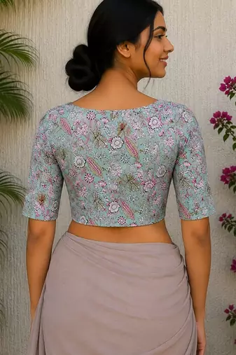 Sky blue cotton printed readymade blouse