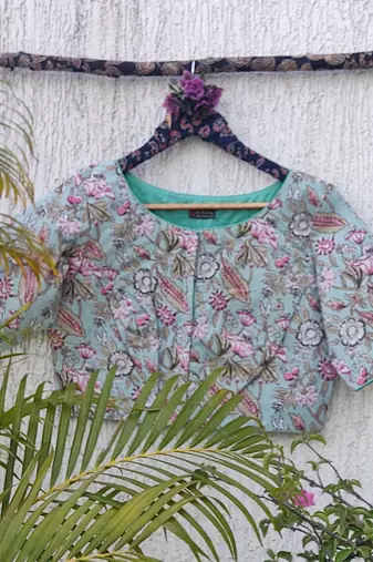 Sky blue cotton printed readymade blouse