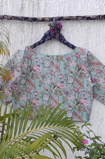 Sky blue cotton printed readymade blouse