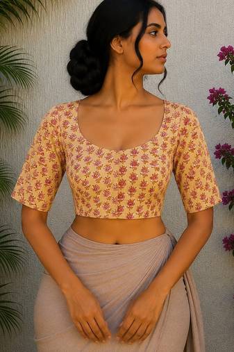 Yellow cotton printed readymade blouse