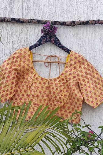 Yellow cotton printed readymade blouse