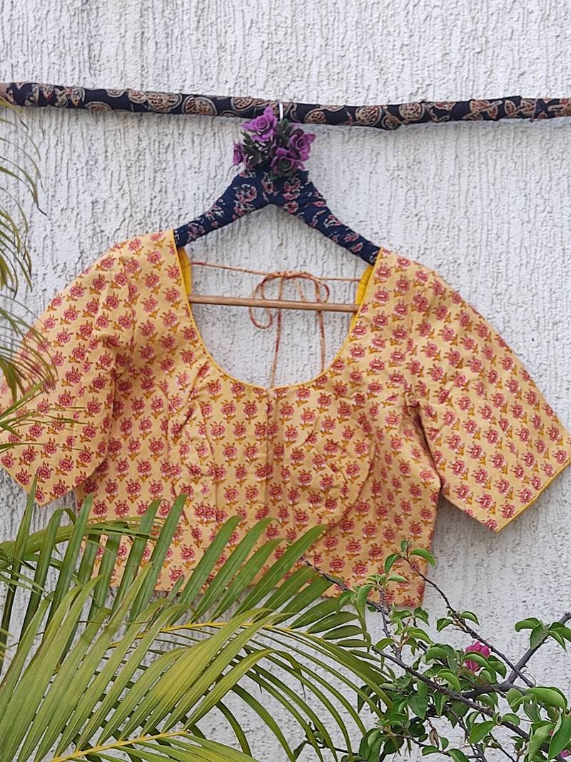 Yellow cotton printed readymade blouse