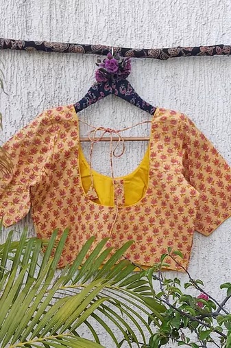 Yellow cotton printed readymade blouse