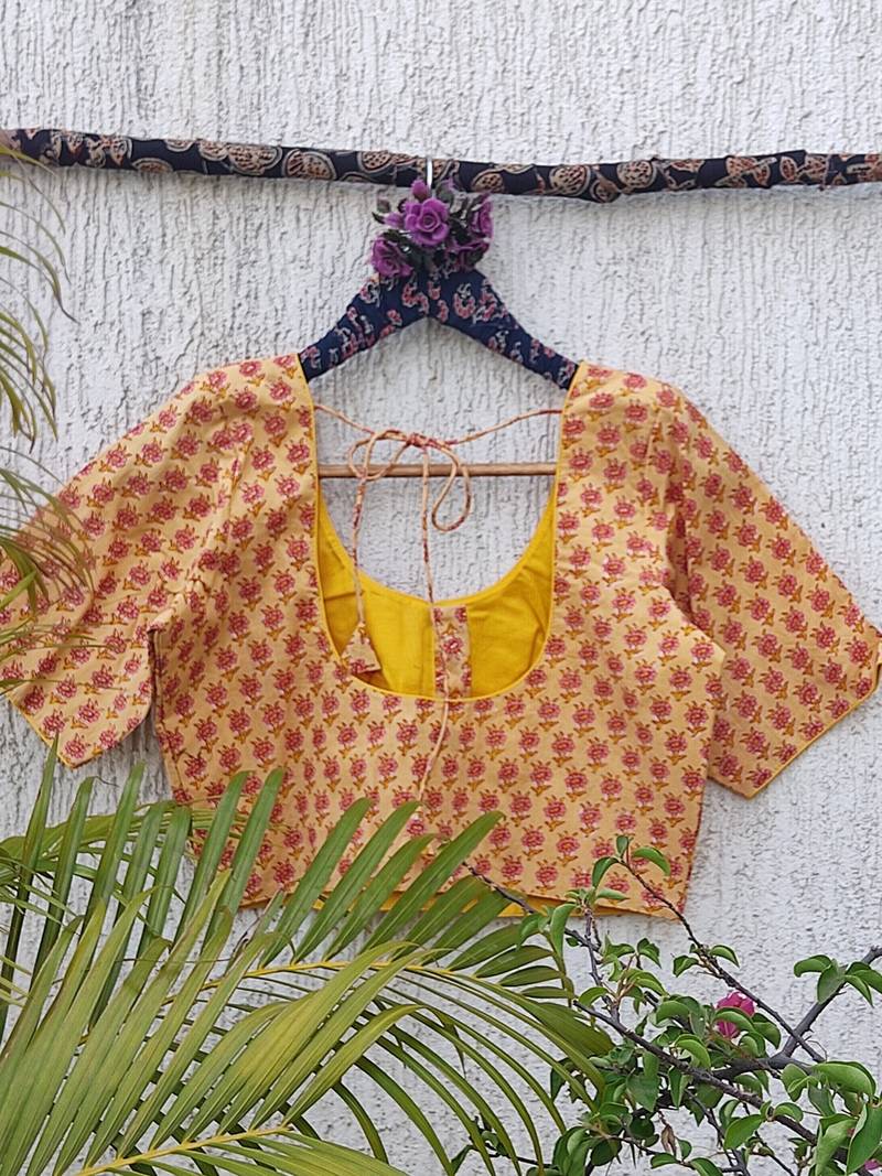 Yellow cotton printed readymade blouse